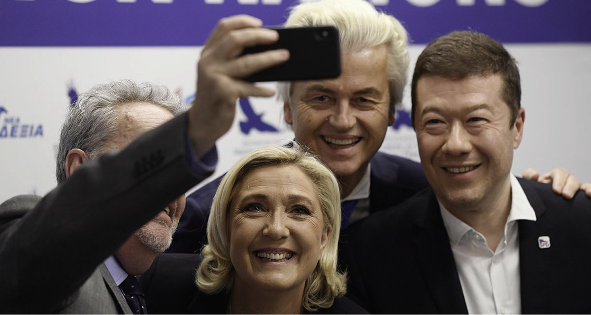 Haben zu lachen, denn die Rechten befinden sich in vielen europäischen Ländern im Aufwind: Marine Le Pen, Tomio Okamura (rechts) und Geert Wilders (oben, Mitte) | picture alliance/AP | Photo: Ondrej Deml