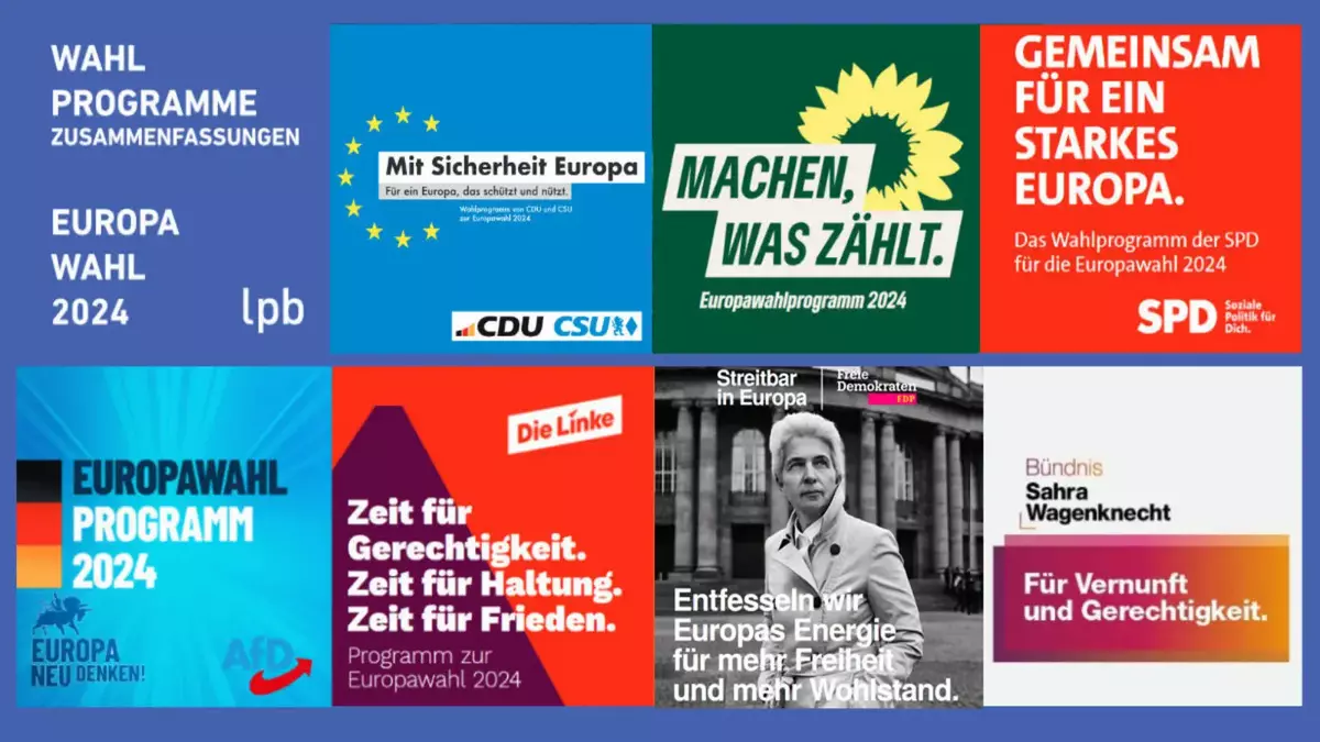 Wahlprogramme zur Europawahl 2024 - Die Parteien mit den bundesweit meist erzielten Stimmen bei der Europawahl 2019 sowie das neu gegründete Bündnis Sahra Wagenknecht | Collage LpB BW 