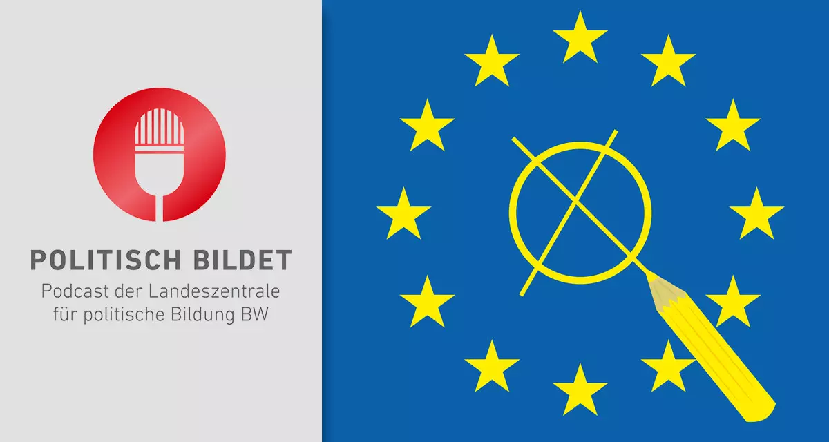 POLITISCH BILDET. Podcast der Landeszentrale für politische Bildung BW. Folge 11: Europawahl 2024: Sind die Europawahlen europäisch genug? (Grafik: Europasterne mit Symbol für Wahl. Pixabay.com | succo