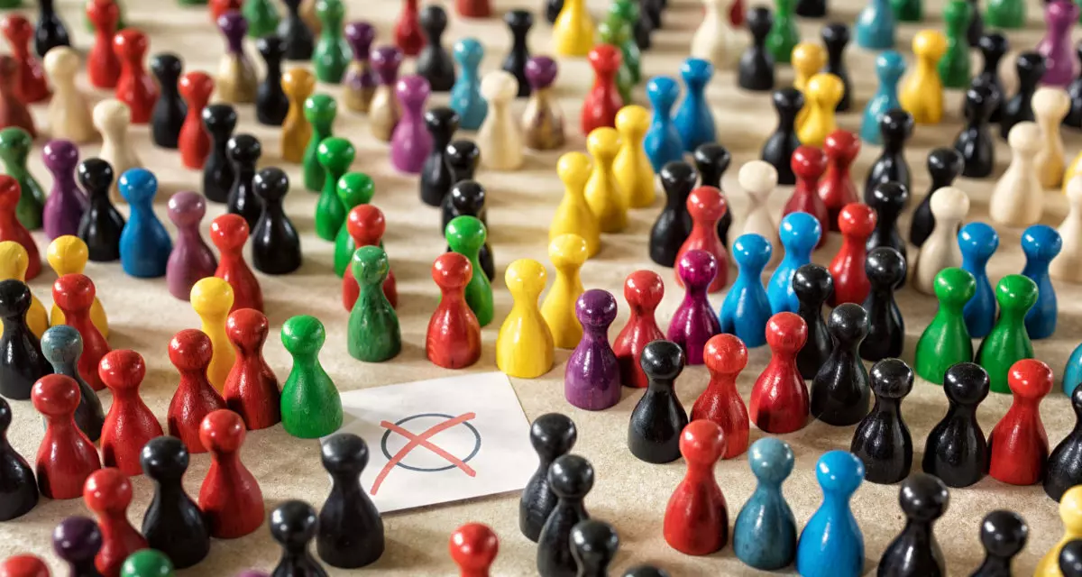 Symbolfoto: Bunte Spielfiguren stehen um ein Wahl-Kreuz | Adobe Stock | 164151348
